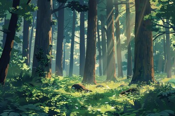 Sticker - A painting depicting a dense forest filled with lots of towering trees, A whimsical forest filled with towering trees and dappled sunlight