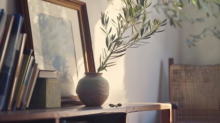 Poster - Closeup of picture frame poster mockup Vase with olive tree branches on wooden table Blurred rattan chair Cup of coffee books Summer artistic Mediterranean interior Working space home  : Generative AI