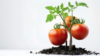 Sticker - Tomato plant isolated on white background Green seedling of fresh ripe red tomatoes close up : Generative AI