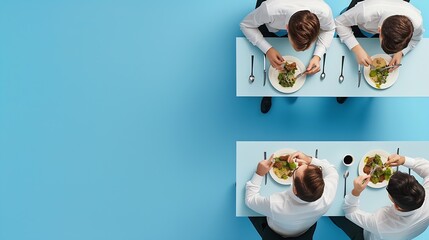 Wall Mural - Creative collage Three employers sitting at table and eating during business lunch against blue studio background Top view Concept of business lunch morning meeting briefing Copy space : Generative AI