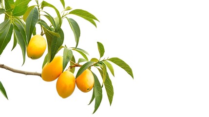 Poster - Sweet yellow ripe Marian plum Mayongchid Maprang Plum Mango with green leaves on tree branch isolated on white background : Generative AI