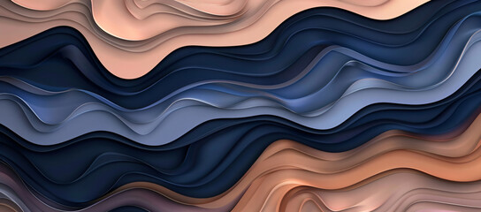 Poster - 
Abstract background with wavy patterns in navy blue, brown and pastel colors. Photorealistic illustration of layered fabric textures