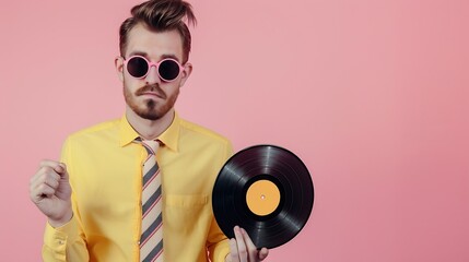 Aufkleber - Comtemporary art collage of stylish man with colorful tie trendy sunglasses holding vinyl record isolated over pink background Concept of art music creativity vintage style Copy space  : Generative AI