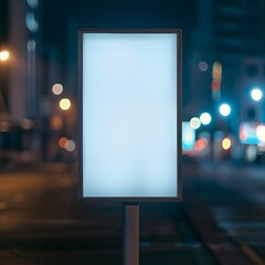 Blank illuminated billboard on an empty city street at night with bokeh lights in the background.