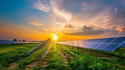 Poster - Solar Farm solar cell at sunset sky background with electric power generation in agricultural area  Renewable green alternative energy Power plant Solar photovoltaic rows array ground  : Generative AI