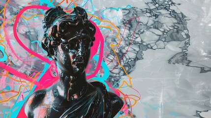 Aufkleber - Contemporary art collage with antique black colored statue bust with neon drawings Surreal style Psychedelic artwork Concept of creativity imagination inspiration Modern vision of art : Generative AI