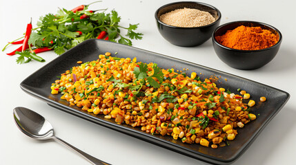 Wall Mural - Appetizing Spicy Sprouted Lentils and Corn Dish on Black Plate with Seasonings and Utensils, Fresh Herb Pot - Food Photography Concept