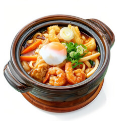 Wall Mural - A bowl of nabeyaki udon, hot udon noodles in a clay pot with chicken, tempura shrimp, and vegetables, garnished with a poached egg, isolated on white background.