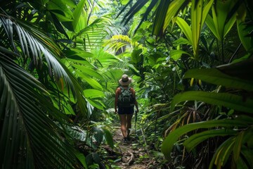 A traveler hiking through a dense jungle surrounded by exotic plants and wildlife with a sense of exploration and discovery in a remote location