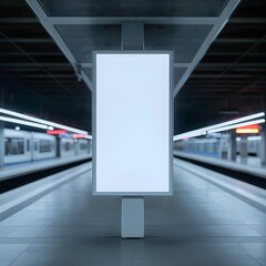 Empty blank advertising billboard at a modern train station platform, ready for advertisement or announcement display.