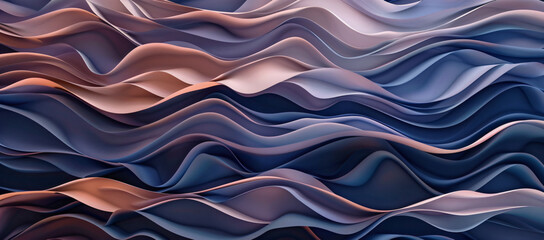 Poster - 
Abstract background with wavy patterns in navy blue, brown and pastel colors. Photorealistic illustration of layered fabric textures