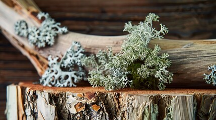 Aufkleber - Abstract north nature scene with a composition of lichen pine branches and dry snags Place your product on a cork podium Copy space : Generative AI