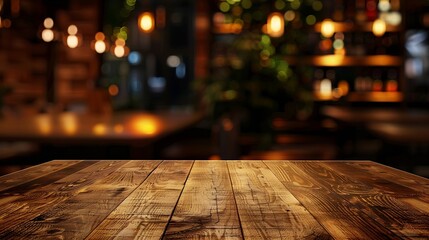 Poster - Wooden board empty table background abstract blurred cafe background : Generative AI