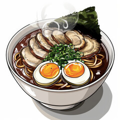 Wall Mural - A steaming bowl of ramen with pork slices, soft-boiled egg, seaweed, bamboo shoots, and green onions in a rich broth, isolated on white background.