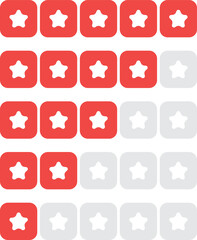 Set of stars rating design elements. Kit of star shapes for ranking interface. Voting symbols from zero to five points. Vector illustration in flat style. Red stars and half star flat vector icons