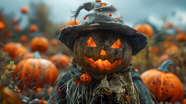 Scary scarecrow in a field full of pumpkins, Halloween