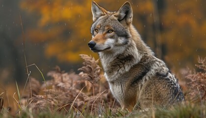  Grey wolf (Canis lupus) portrait in autumn forest