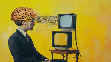Aufkleber - Man businessmans brain charge by means of energy of retro computers on yellow background Contemporary art collage Loading generating new ideas Concept of surrealism retro style : Generative AI