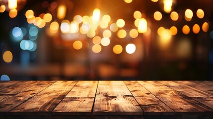 Wall Mural - Empty wooden table top with lights bokeh on blur restaurant background : Generative AI