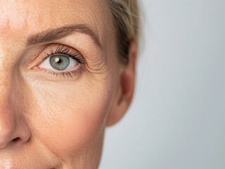 A detailed shot of a mature Caucasian woman's face, showcasing natural beauty and skincare