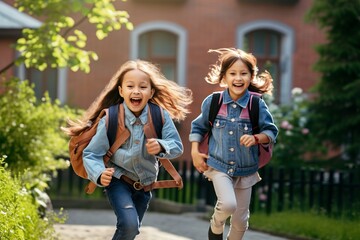 Wall Mural - Joyful girls running with backpacks