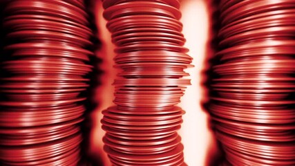 Poster - Abstract 3D geometric towers of flat objects on light background. Design. Abstract animation with disc waves movement.