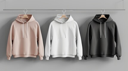 Three blank hooded sweatshirts, in black, white, and grey, hang on wooden hangers against a white backdrop