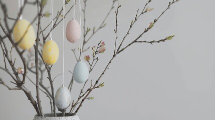 Leinwandbilder - Easter home decor craft concept a vase filled with branches with easet craft eggs hanging on it : Generative AI