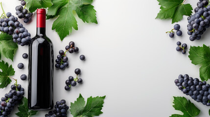 Bottle of red wine with ripe grapes and vine leav, copy space