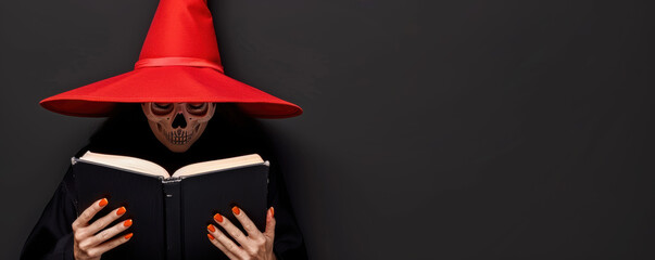 Wall Mural - A woman in a red hat is reading a book