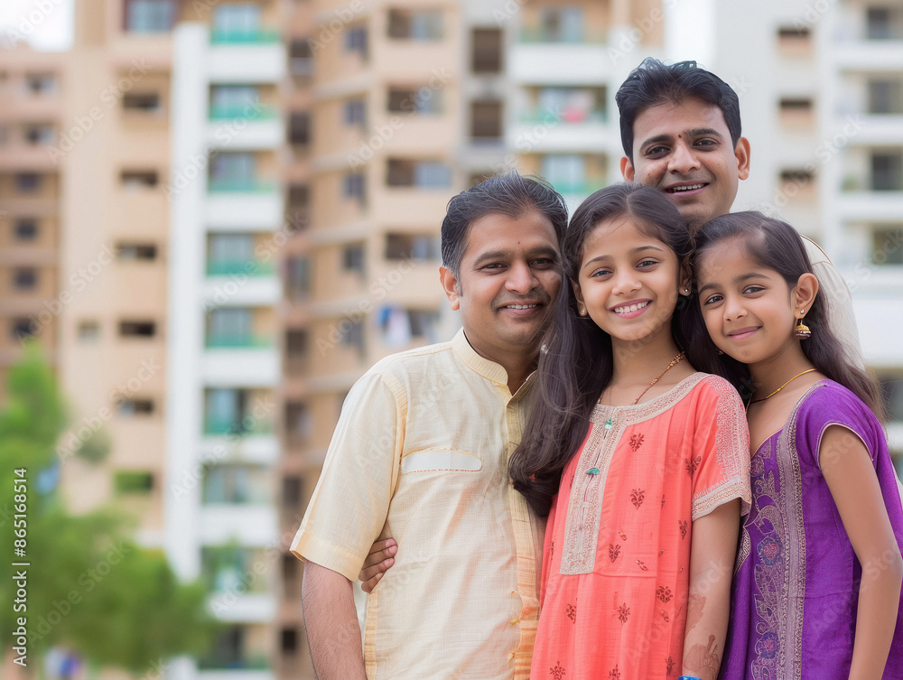 happy indian family standing front of modern residential society Stock ...