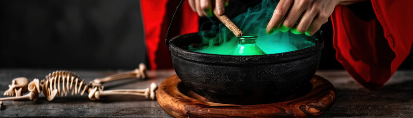 Canvas Print - A person is stirring a greenish liquid in a black pot