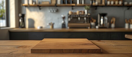 Wall Mural - Mockup of a wooden board on a table with a blurred interior background in a coffee shop for product display.