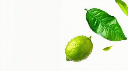 Poster - Lime with green leaf flying in the air isolated on white background : Generative AI