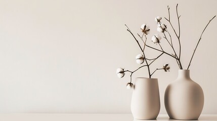 Poster - Beige ceramic vases with dry cotton branches Stylish and minimalistic background for display your products in living room Scandinavian interior Modern home decor Copy space : Generative AI