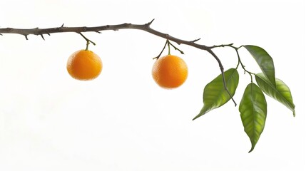 Poster - Two orange fruits hanging with branch isolated on white background Clipping path : Generative AI