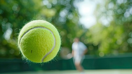 Poster - A yellow tennis ball is in mid-air above a green tennis court