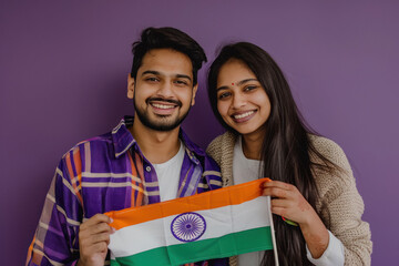 Wall Mural - young indian couple holding indian flag on purple background