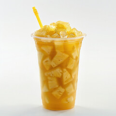 Poster - pineapple smooth in the plastic cup on white background
