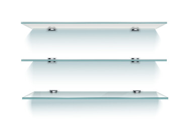 Realistic empty shop glass shelf on white wall background. Vector 3d store floating transparent shelves, product stand racks and ledges. Modern clear bookshelves and showcase panels set with shadows