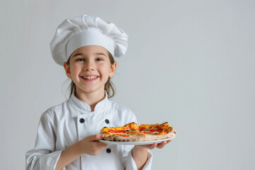 child chef holding pizza plate in hand