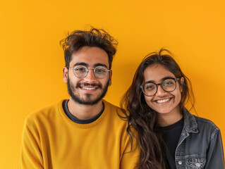 Wall Mural - young indian couple standing on yellow background