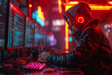 Poster - a cyberpunk hacker accessing a secure network in a neon-lit room. concept of cyberpunk and technolog