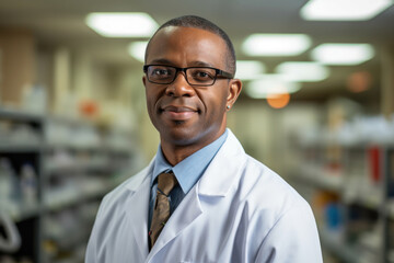 Wall Mural - A confident black pharmacist, dressed in a lab coat and glasses, stands with arms crossed and an engaging smile. Generative Ai.