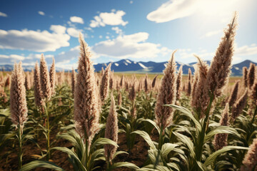 Sticker - An expansive quinoa plantation, highlighting the importance of this nutrient-rich grain in global nutrition. Concept of superfoods in agriculture. Generative Ai.