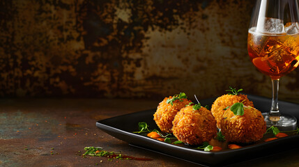 Three round pork croquettes, crispy on the outside and juicy inside, served alongside a vibrant cocktail