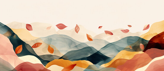 Fototapete - 
Abstract background with colorful leaves in the style of paper cut art, in beige and brown colors, in the style of painting,