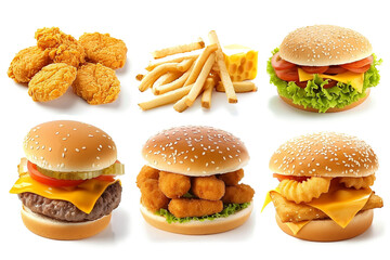 Wall Mural - Big hamburger, french fries, chicken nuggets and chicken nuggets isolated on transparent background.