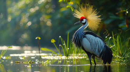 Wall Mural - A strikingly beautiful black-and-white crowned crane standing in a grassy wetland, its crown of golden feathers gleaming.