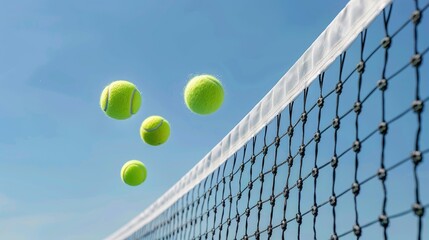 Poster - A tennis ball flies over the net on a sunny day with blue skies and white clouds